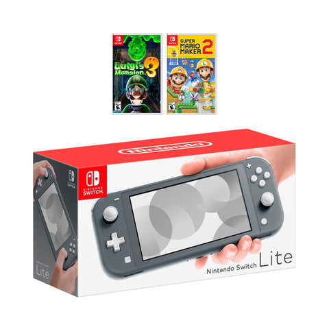 New Nintendo Switch Lite Grey Console Bundle with 2 Games: Luigi's Mansion 3, and Super Mario Maker 2. 2019 Latest Console and Games!
