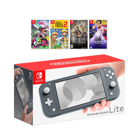 New Nintendo Switch Lite Gray Console Bundle with 4 Games: Splatoon 2, Super Mario Maker 2, Octopath Traveler, and Fire Emblem: Three Houses!