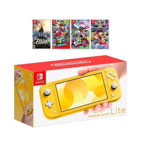 New Nintendo Switch Lite Yellow Console Bundle with 4 Games: The Legend of Zelda: Breath of the Wild, Super Mario Odyssey, Splatoon 2, and Super Mario Kart 8!