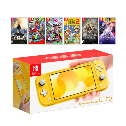 New Nintendo Switch Lite Yellow Console Bundle with 6 Games: Zelda, Super Mario Odyssey, Splatoon 2, Super Mario Maker 2, Octopath Traveler, and Fire Emblem: Three Houses!