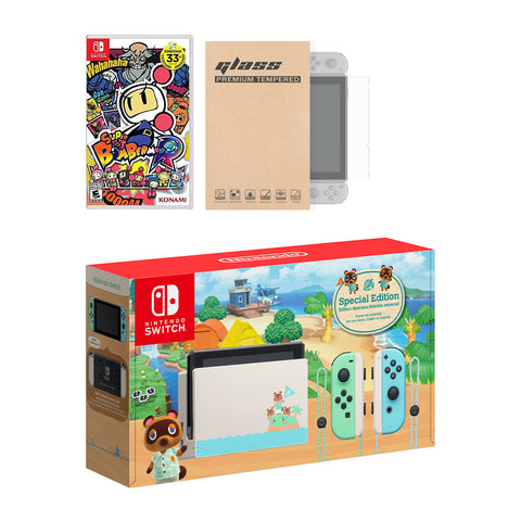 Nintendo Switch Animal Crossing Limited Console Super Bomberman R Bundle, with Mytrix Tempered Glass Screen Protector - Improved Battery Life Console with the Best Bomberman Game