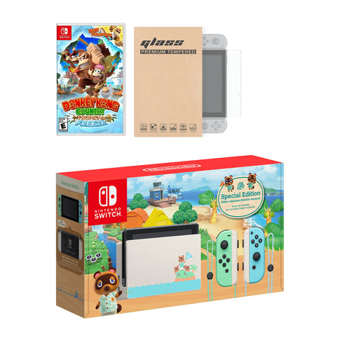 Nintendo Switch Animal Crossing Limited Console Donkey Kong Country: Tropical Freeze Bundle, with Mytrix Tempered Glass Screen Protector - Improved Battery Life Console with NS Game Disc