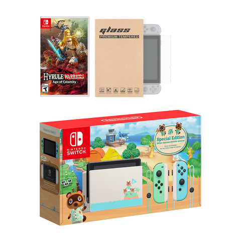 Nintendo Switch Animal Crossing Limited Console Hyrule Warriors: Age of Calamity Bundle, with Mytrix Tempered Glass Screen Protector - Improved Battery Life Console with 2020 New Game