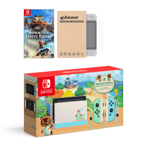 Nintendo Switch Animal Crossing Limited Console Immortals Fenyx Rising Bundle, with Mytrix Tempered Glass Screen Protector - Improved Battery Life Console with 2020 New Game