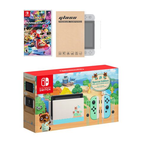 Nintendo Switch Animal Crossing Limited Console Mario Kart 8 Deluxe Bundle, with Mytrix Tempered Glass Screen Protector - Improved Battery Life Console with the Best Mario Kart Game
