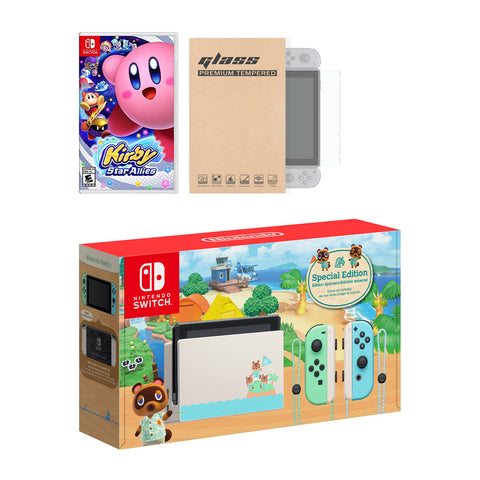 Nintendo Switch Animal Crossing Limited Console Kirby Star Allies Bundle, with Mytrix Tempered Glass Screen Protector - Improved Battery Life Console with the Great Kirby Game