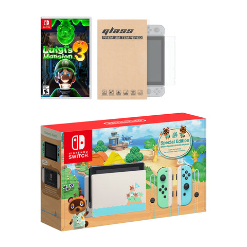 Nintendo Switch Animal Crossing Limited Console Luigi's Mansion 3 Bundle, with Mytrix NS Screen Protector - Improved Battery Life Console with the 2019 Best Multiplayer Action-Adventure Game