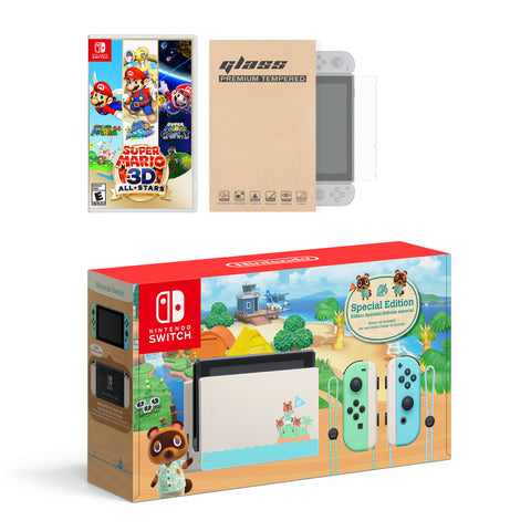 Nintendo Switch Animal Crossing Limited Console Super Mario 3D All-Stars Bundle, with Mytrix Tempered Glass Screen Protector - Improved Battery Life Console with 2020 New Game