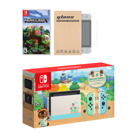 Nintendo Switch Animal Crossing Limited Console Minecraft Bundle, with Mytrix Tempered Glass Screen Protector - Improved Battery Life Console with the Most Popular Game