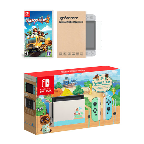 Nintendo Switch Animal Crossing Limited Console Overcooked! 2 Bundle, with Mytrix Tempered Glass Screen Protector - Improved Battery Life Console with the Best Party Game