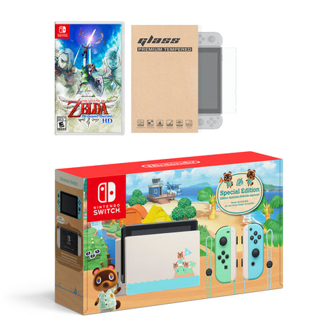 Nintendo Switch Animal Crossing Limited Console The Legend of Zelda: Skyward Sword HD Bundle, with Mytrix Tempered Glass Screen Protector - Improved Battery Life Console with 2020 New Game