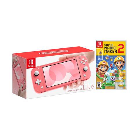 New Nintendo Switch Lite Coral Bundle with Super Mario Maker 2 NS Game Disc