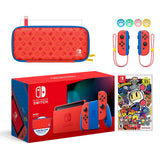 2021 New Nintendo Switch Mario Red & Blue Limited Edition with Mario Iconography Carrying Case and Screen Protector Bundle With Super Bomberman R And Mytrix Joystick Caps