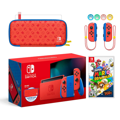 2021 New Nintendo Switch Mario Red & Blue Limited Edition with Mario Iconography Carrying Case and Screen Protector Bundle With Super Mario 3D World + Bowser's Fury And Mytrix Joystick Caps