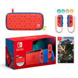 2021 New Nintendo Switch Mario Red & Blue Limited Edition with Mario Iconography Carrying Case and Screen Protector Bundle With Monster Hunter: Rise And Mytrix Joystick Caps