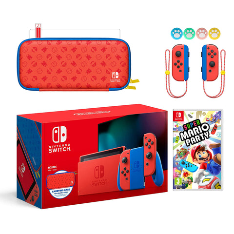 2021 New Nintendo Switch Mario Red & Blue Limited Edition with Mario Iconography Carrying Case and Screen Protector Bundle With Super Mario Party And Mytrix Joystick Caps