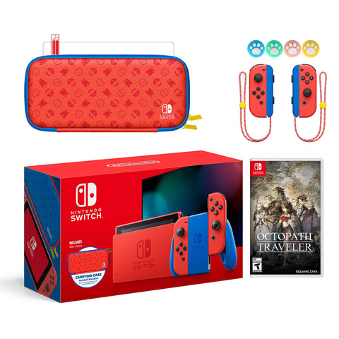 2021 New Nintendo Switch Mario Red & Blue Limited Edition with Mario Iconography Carrying Case and Screen Protector Bundle With Octopath Traveler And Mytrix Joystick Caps