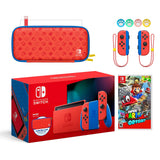 2021 New Nintendo Switch Mario Red & Blue Limited Edition with Mario Iconography Carrying Case and Screen Protector Bundle With Super Mario Odyssey And Mytrix Joystick Caps