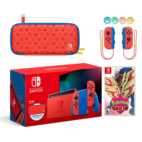 2021 New Nintendo Switch Mario Red & Blue Limited Edition with Mario Iconography Carrying Case and Screen Protector Bundle With Pokemon Shield And Mytrix Joystick Caps
