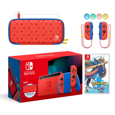 2021 New Nintendo Switch Mario Red & Blue Limited Edition with Mario Iconography Carrying Case and Screen Protector Bundle With Pokemon Sword And Mytrix Joystick Caps