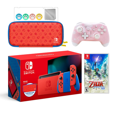 2021 New Nintendo Switch Mario Red & Blue Limited Edition with Mario Iconography Carrying Case Bundle With Skyward Sword HD And Mytrix Wireless Switch Pro Controller & Accessories