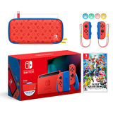 2021 New Nintendo Switch Mario Red & Blue Limited Edition with Mario Iconography Carrying Case and Screen Protector Bundle With Super Smash Bros. Ultimate And Mytrix Joystick Caps