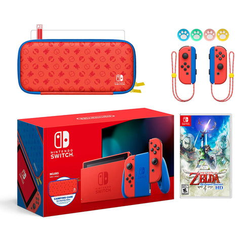 2021 New Nintendo Switch Mario Red & Blue Limited Edition with Mario Iconography Carrying Case and Screen Protector Bundle With The Legend of Zelda: Skyward Sword HD And Mytrix Joystick Caps