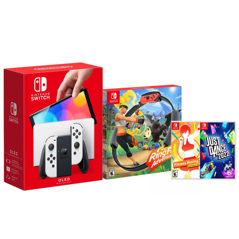 Nintendo Switch OLED White Model - Fitness Trilogy Bundle: Ringfit, Just Dance, Fitness Boxing with Mytrix Screen Protector and Joy Con Caps