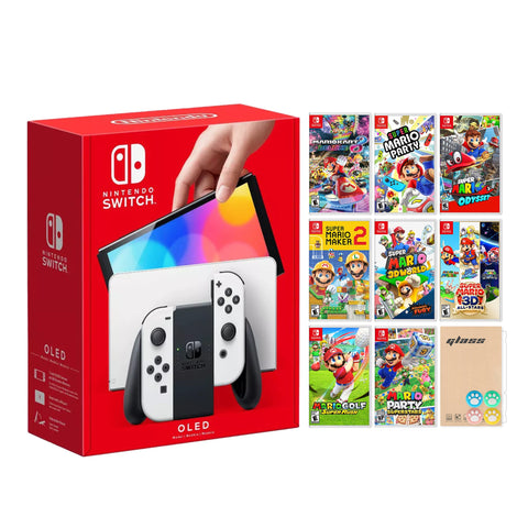 Nintendo Switch OLED White Model - Super Mario Super Mario Deluxe 8 Selections Bundle with Mytrix Screen Protector and Joy Con Caps