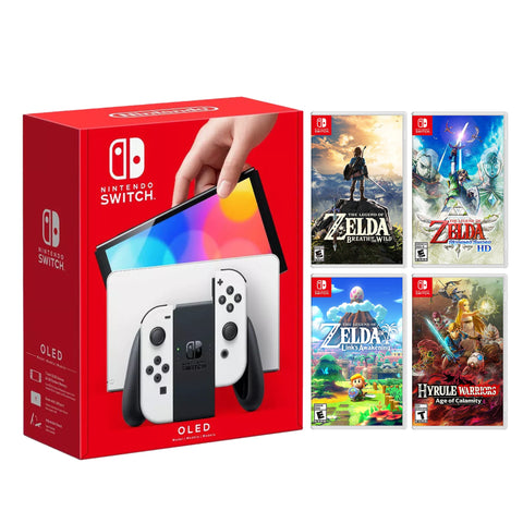 Nintendo Switch OLED White Model - Zelda 4 Game Bundle with Mytrix Screen Protector and Joy Con Caps