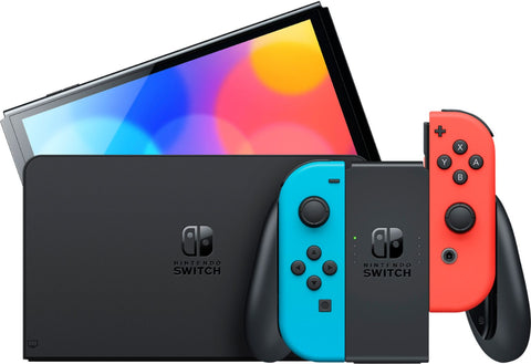 Nintendo Switch OLED Neon Red & Blue Model - Multiplayer 4 Game Competitive Sett with Mytrix Screen Protector and Joy Con Caps