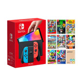 Nintendo Switch OLED Neon Red & Blue Model - Multiplayer 8 Game Bundle with Mytrix Screen Protector and Joy Con Caps