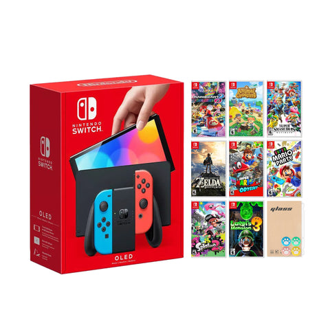 Nintendo Switch OLED Neon Red & Blue Model - Top 8 Game Best Sellers Bundle with Mytrix Screen Protector and Joy Con Caps