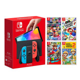 Nintendo Switch OLED Neon Red & Blue Model - Super Mario Top 4 Selections Bundle with Mytrix Screen Protector and Joy Con Caps