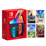 Nintendo Switch OLED Neon Red & Blue Model - Zelda 4 Game Bundle with Mytrix Screen Protector and Joy Con Caps