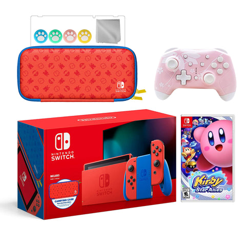 2021 New Nintendo Switch Mario Red & Blue Limited Edition with Mario Iconography Carrying Case Bundle With Kirby Star Allies And Mytrix Wireless Switch Pro Controller and Accessories