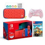 2021 New Nintendo Switch Mario Red & Blue Limited Edition with Mario Iconography Carrying Case Bundle With Overcooked! 2 And Mytrix Wireless Switch Pro Controller and Accessories