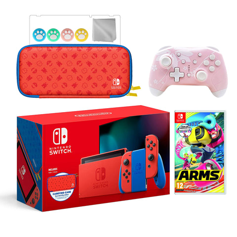 2021 New Nintendo Switch Mario Red & Blue Limited Edition with Mario Iconography Carrying Case Bundle With Arms And Mytrix Wireless Switch Pro Controller and Accessories