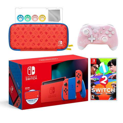 2021 New Nintendo Switch Mario Red & Blue Limited Edition with Mario Iconography Carrying Case Bundle With 1-2 Switch And Mytrix Wireless Switch Pro Controller and Accessories