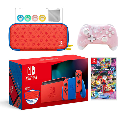 2021 New Nintendo Switch Mario Red & Blue Limited Edition with Mario Iconography Carrying Case Bundle With Mario Kart 8 Deluxe And Mytrix Wireless Switch Pro Controller and Accessories