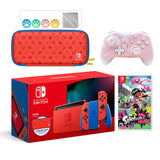 2021 New Nintendo Switch Mario Red & Blue Limited Edition with Mario Iconography Carrying Case Bundle With Splatoon 2 And Mytrix Wireless Switch Pro Controller and Accessories