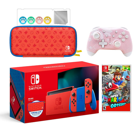 2021 New Nintendo Switch Mario Red & Blue Limited Edition with Mario Iconography Carrying Case Bundle With Super Mario Odyssey And Mytrix Wireless Switch Pro Controller and Accessories