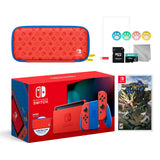 2021 New Nintendo Switch Mario Red & Blue Limited Edition with Mario Iconography Carrying Case and Screen Protector Bundle With Monster Hunter: Rise And Mytrix Accessories