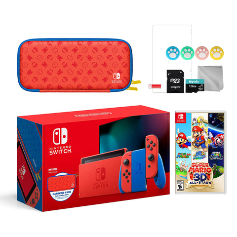 2021 New Nintendo Switch Mario Red & Blue Limited Edition with Mario Iconography Carrying Case and Screen Protector Bundle With Super Mario 3D All-Stars And Mytrix Accessories