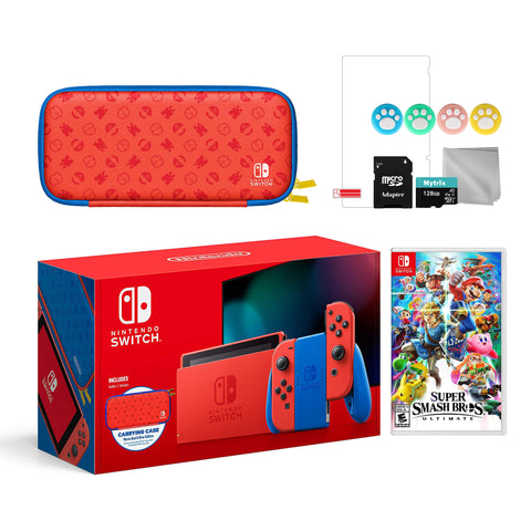 2021 New Nintendo Switch Mario Red & Blue Limited Edition with Mario Iconography Carrying Case and Screen Protector Bundle With Super Smash Bros. Ultimate And Mytrix Accessories