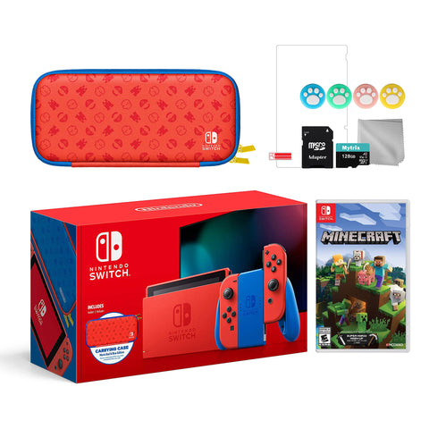 2021 New Nintendo Switch Mario Red & Blue Limited Edition with Mario Iconography Carrying Case and Screen Protector Bundle With Minecraft And Mytrix Accessories