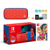 2021 New Nintendo Switch Mario Red & Blue Limited Edition with Mario Iconography Carrying Case and Screen Protector Bundle With Pokemon Shield And Mytrix Accessories