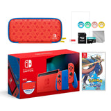 2021 New Nintendo Switch Mario Red & Blue Limited Edition with Mario Iconography Carrying Case and Screen Protector Bundle With Pokemon Sword And Mytrix Accessories