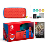 2021 New Nintendo Switch Mario Red & Blue Limited Edition with Mario Iconography Carrying Case and Screen Protector Bundle With Octopath Traveler And Mytrix Accessories