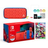 2021 New Nintendo Switch Mario Red & Blue Limited Edition with Mario Iconography Carrying Case and Screen Protector Bundle With Splatoon 2 And Mytrix Accessories